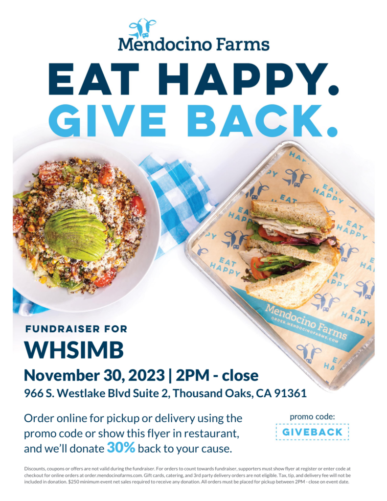 Flyer for Mendocino Farms Restaurant. How restaurant, during takeout or pickup to get 30% back to WHSIM program
